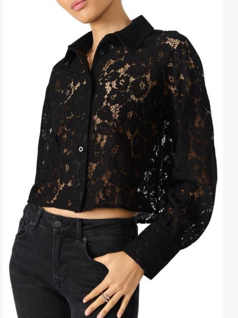 Zara Black Lace Button-Front Cropped Shirt